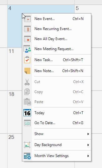 The calendar view context menu when no events or tasks are selected.