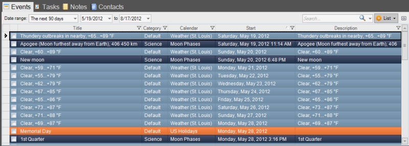 The event list with some example events displayed.