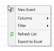 A context menu is displayed when clicking an empty row.