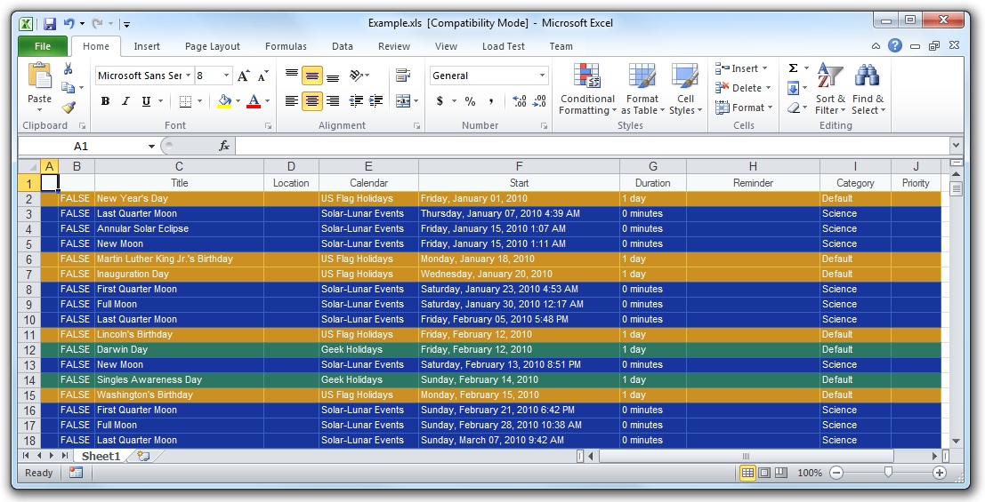 This is an example exported list that is displayed in Microsoft Excel 2010.