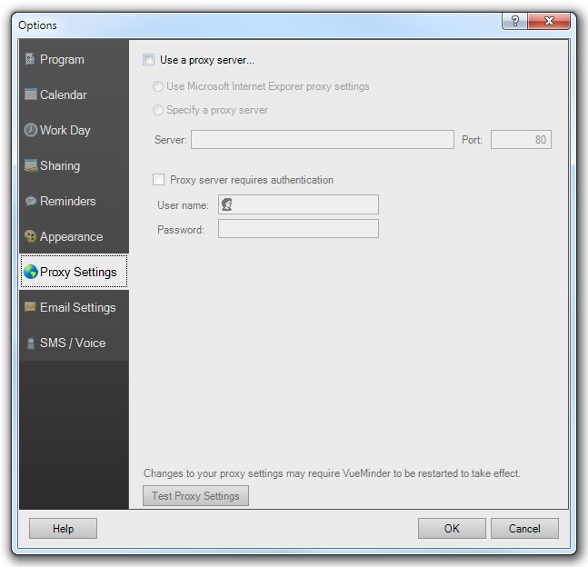 The proxy server options tab.
