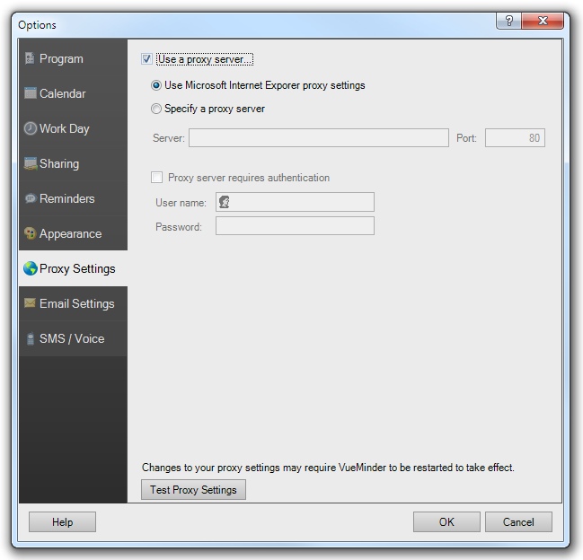 The proxy options tab when Use Proxy is enabled.