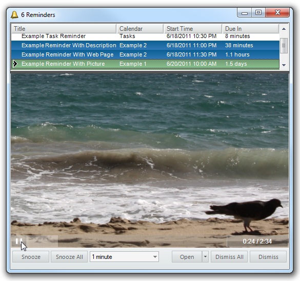 An example popup reminder containing a picture and playing a song.