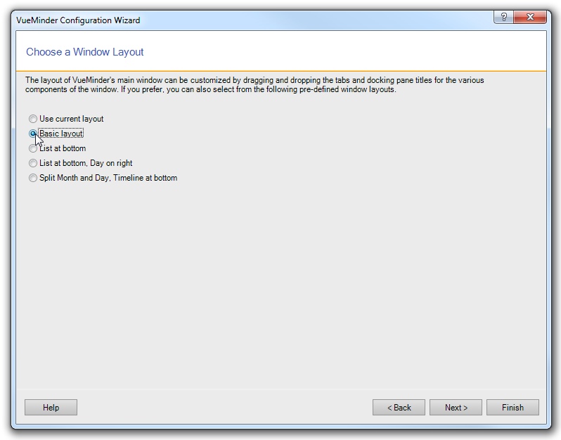 VueMinder Pro and Ultimate Help - Configuration Wizard - Window Layout